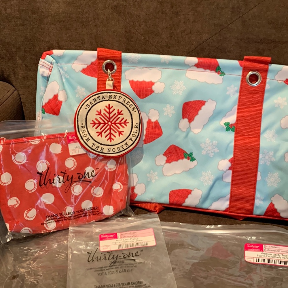 Thirty one 31 Santa hat bundle medium utility tote, icon coin purse, mini zipper